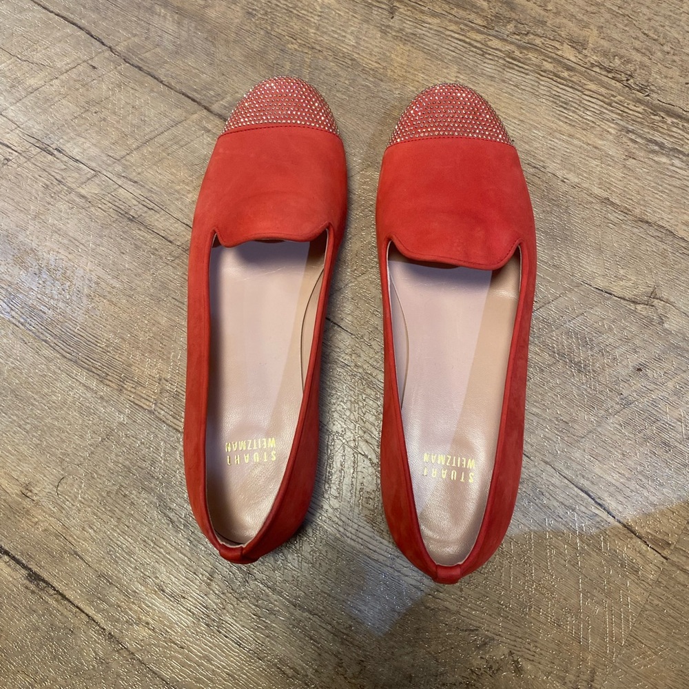 Stuart Weitzman red ballerina flats with gold studs on the tip. Size 8.